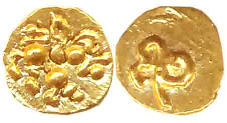 Chaluyas of Kalyana, Jayasimha II Jagadekamalla, Gold Haga-1/4 Fanam, 0.09g, Obv: Lion sta