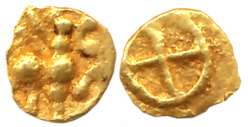 Chalukyas of Kalyana, Gold Haga- 1/4 Fanam, 0.11g, Obv: Lion standing facing right with ra