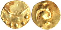 Hoysalas of Dwarasamudra, Vinayaditya, Gold Haga-1/4 Fanam, 0.10g, Obv: Lion walking to ri