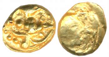 Silaharas of Kolhapur, Gold Double Fanam, 0.76g, Obv: Trishul- Trident, Rev: Goblet. Very 