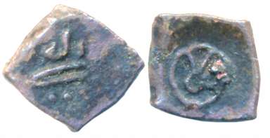 Chudasamas of Gujarat, Copper, 2.09g, “Goddess” type, Obv: Crude depiction of Goddess- Dei