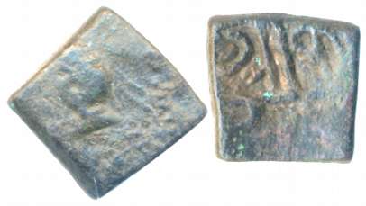 Waghelas of Gujarat, Karna Deva, Copper, 3.82g. Portrait type Obv: Crude depiction of port