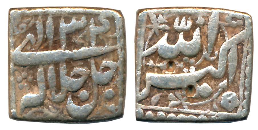 Akbar, Silver Square Rupee, 11.25g, “Jalalahu- Mintless” type, Ilahi Year 34 (KM# 91.1). V