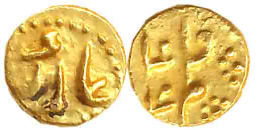 Aurangzeb, Gold 1/2 Fanam, 0.19g, Obv: Legend “Alamgir” in Persian, Rev: Legend & Date “Fa