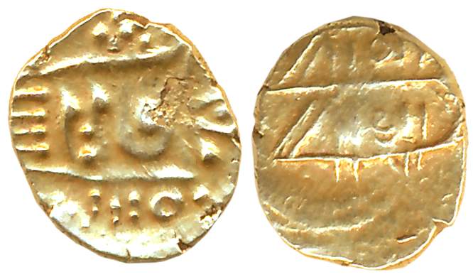 Gold Fanam, 0.36g, in the name of Alamgir, Obv: Crude depiction of Goddess Kali, Farsi leg