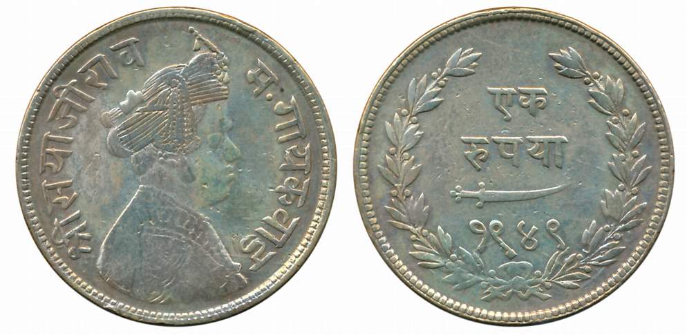 Sayaji Rao III, Silver Rupee, VS 1949, Obv: Crowned bust to right, Rev: Scimitar, date wit