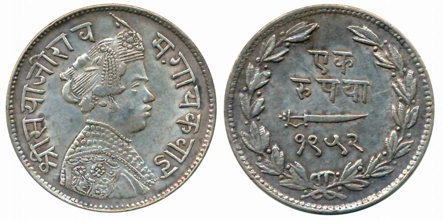 Sayaji Rao III, Silver Rupee, VS 1952, Obv: Crowned bust to right, Rev: Scimitar, date wit