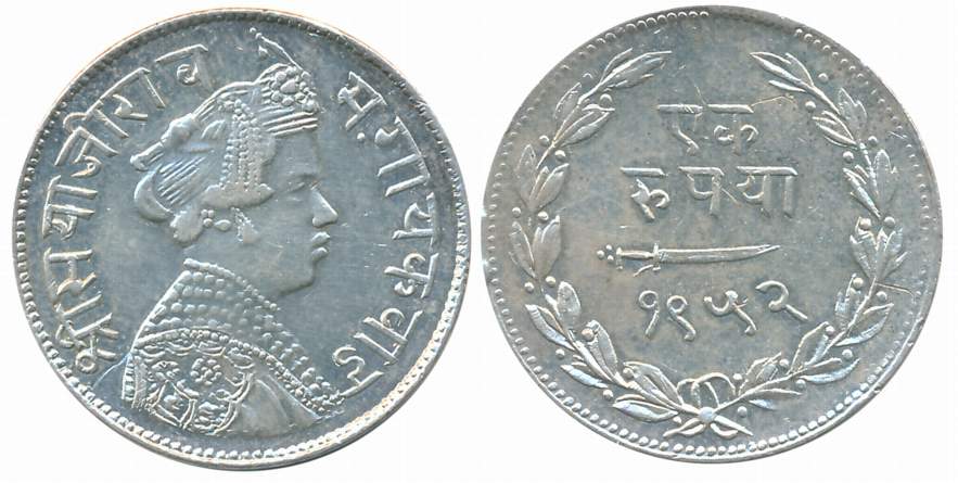Sayaji Rao III, Silver Rupee, VS 1952, Obv: Crowned bust to right, Rev: Scimitar, date wit