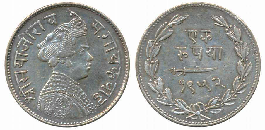 Sayaji Rao III, Silver Rupee, VS 1952, Obv: Crowned bust to right, Rev: Scimitar, date wit