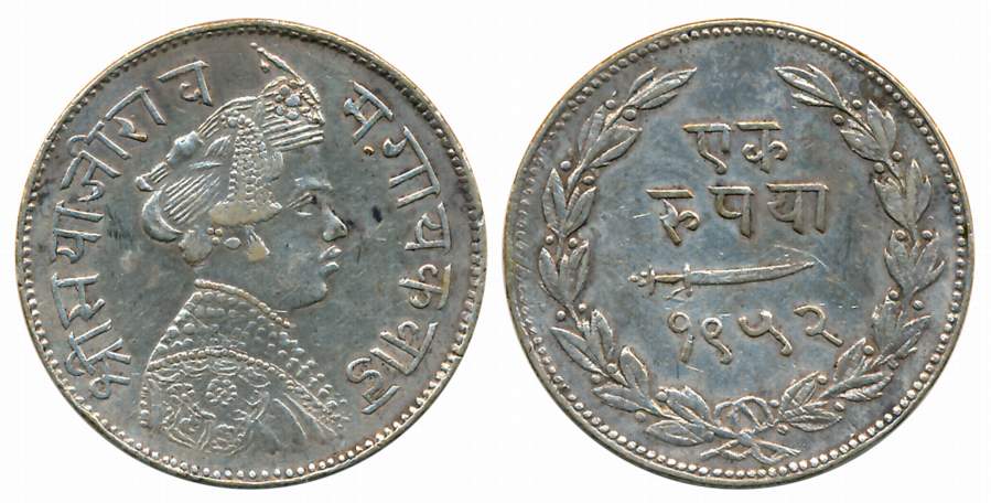 Sayaji Rao III, Silver Rupee, VS 1952, Obv: Crowned bust to right, Rev: Scimitar, date wit