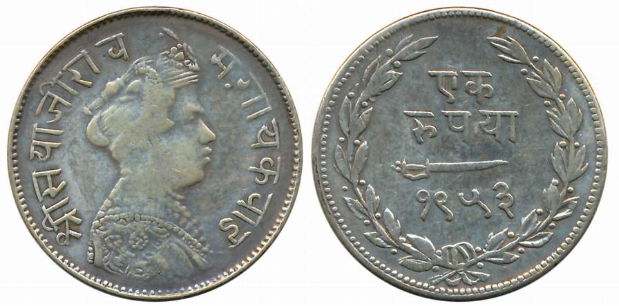Sayaji Rao III, Silver Rupee, VS 1953, Obv: Crowned bust to right, Rev: Scimitar, date wit
