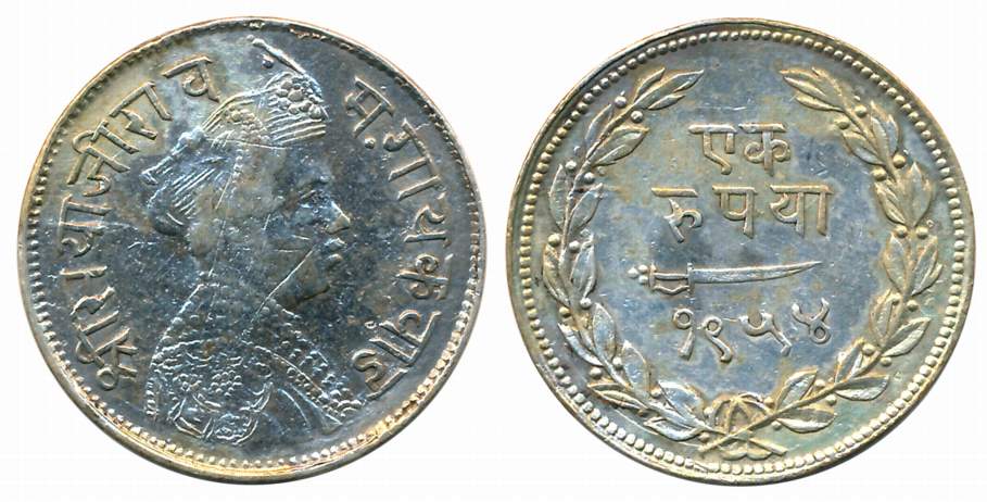 Sayaji Rao III, Silver Rupee, VS 1954, Obv: Crowned bust to right, Rev: Scimitar, date wit