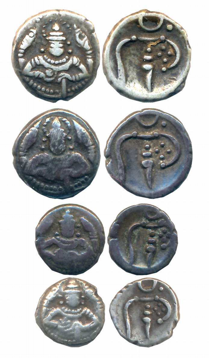 Silver (4), 2 Puttuns (2) 1.10g, 1.03g, & Puttuns (2), 0.55g, 0.49g, Obv: Lord Shiva seate