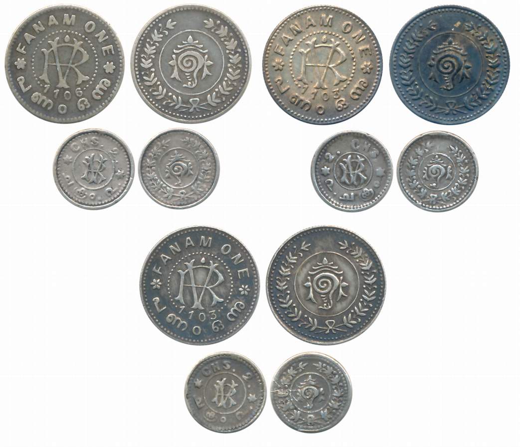 Rama Varma VI, Silver (6), Fanam (3) & 2 Chukrams (3), Obv: Conch Shell in sprays, Rev: RV