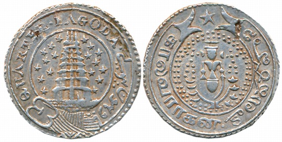 Silver 1/4 Pagoda, 10.53g, 2nd issue, ND, Obv: Pagoda- Gopuram within circle, 9 stars on b