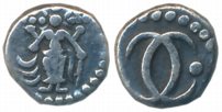 Silver Fanam, 0.97g, full standing figure of Lord Vishnu within a beaded circle, Rev: Two 