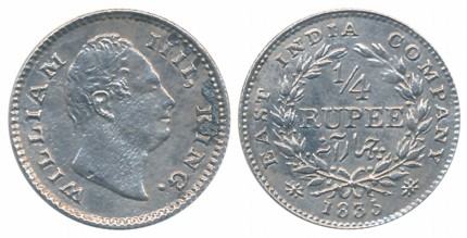 William IIII, Silver 1/4 Rupee, 1835. Very fine.