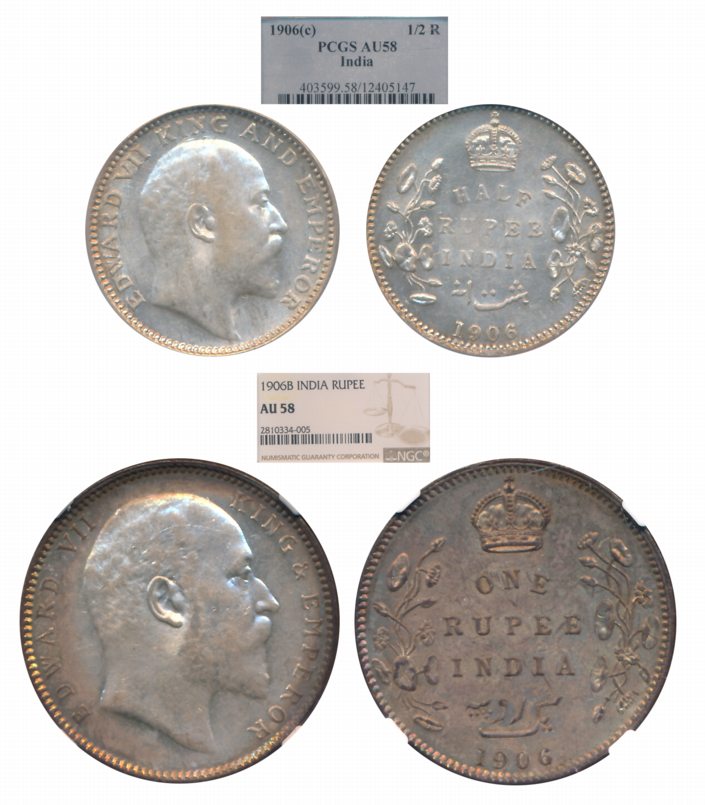 Edward VII, Silver (2), Rupee, Slabbed & Graded by NGC as AU 58 & 1/2 Rupee, 1906, Slabbed