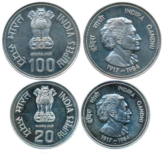1985, Uncirculated, Silver (2), Rupees 100 & 20, Indira Gandhi, Bombay Mint (KM# 281, 241)
