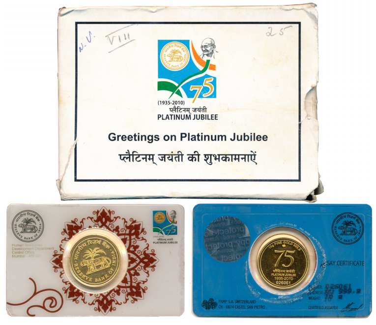 Reserve Bank of India Medallion, Gold, 999.9 Fine, 10.00g, Platinum Jubilee Celebration Me