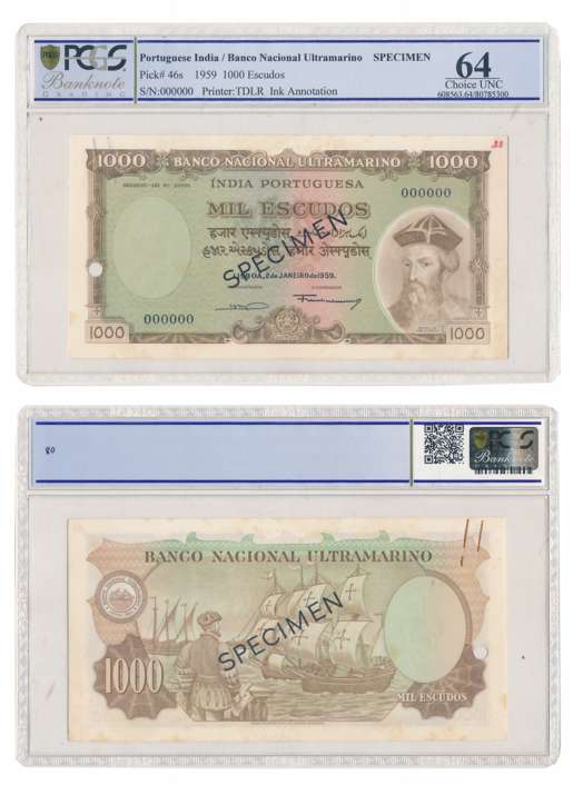 Indo Portuguese Territories, Specimen Note, Dated 2 January 1959 (7th Issue), Escudos 1000