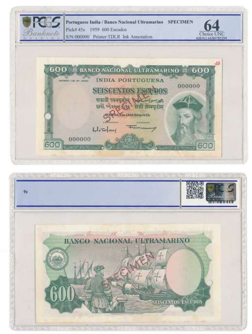 Indo Portuguese Territories, Specimen Note, Dated 2 January 1959 (7th Issue), Escudos 600 