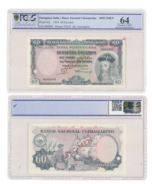 Indo Portuguese Territories, Specimen Note, Dated 2 January 1959 (7th Issue), Escudos 60 S
