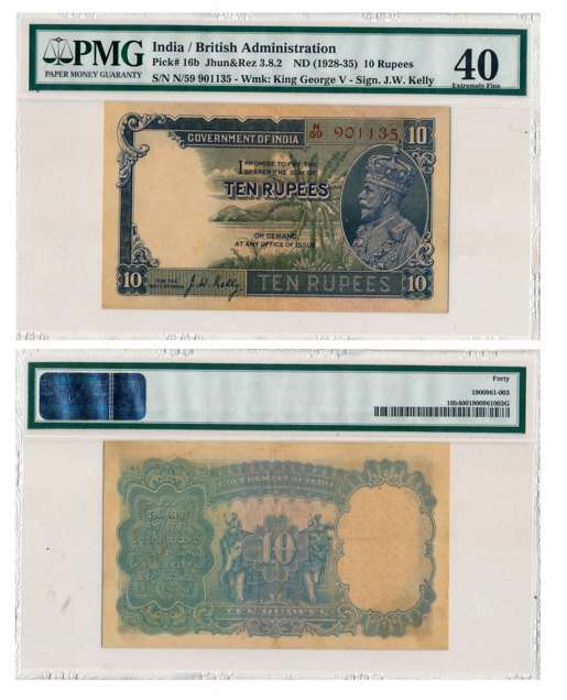 George V, Rupees 10, 3rd issue, Type 3.8, Signed J W Kelly, Prefix N/59 (R IPM# 3.8.2). Sl