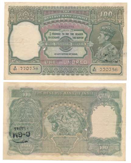 George VI, Rupees 100, Type 4.7, Calcutta Circle, Signed J B Taylor, Prefix A/61 (R IPM# 4