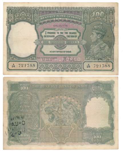 George VI, Rupees 100, Type 4.7, Calcutta Circle, Signed J B Taylor, Prefix A/24 (R IPM# 4