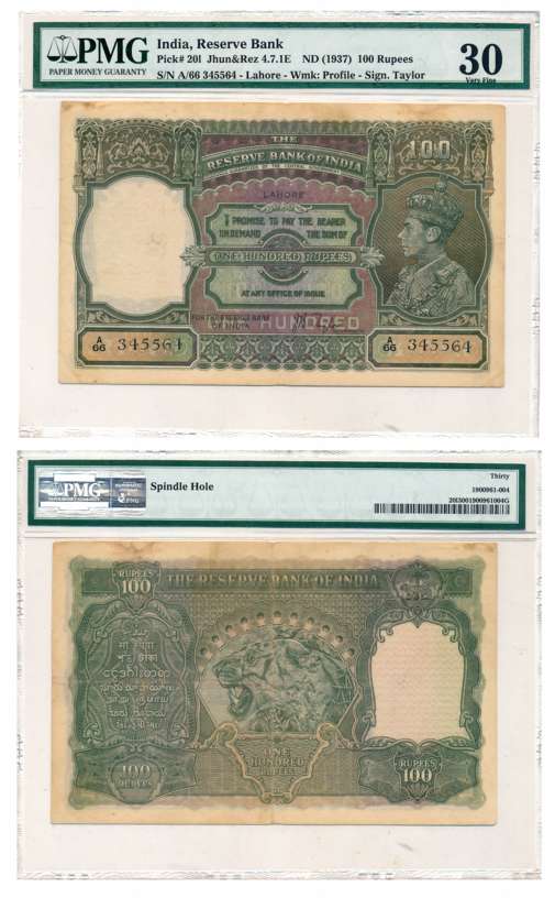 George VI, Rupees 100, Type 4.7, Lahore Circle, Signed J B Taylor, Prefix A/66 (R IPM# 4.7