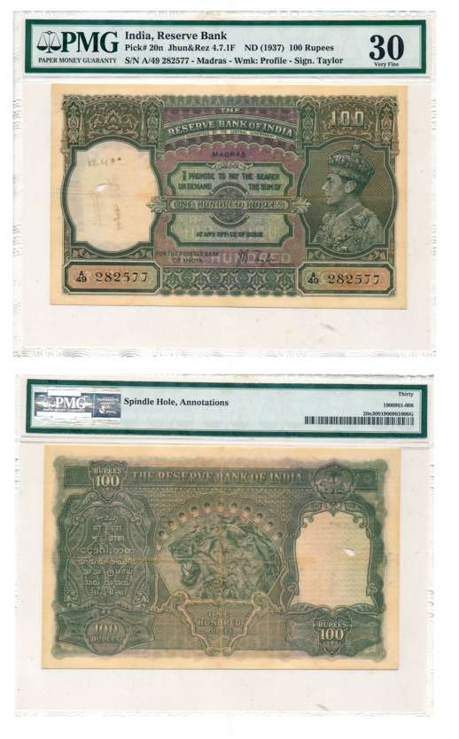 George VI, Rupees 100, Type 4.7, Madras Circle, Signed J B Taylor, Prefix A/49 (R IPM# 4.7