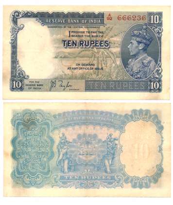 George VI, Rupees 10, 1st issue, Type 4.5, Signed J B Taylor, Prefix A/92 (R IPM# 4.5.1). 
