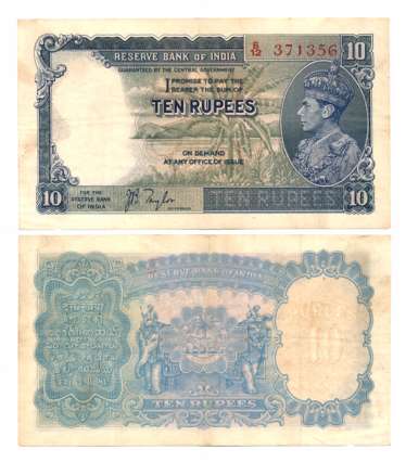 George VI, Rupees 10, 1st issue, Type 4.5, Signed J B Taylor, Prefix B/12 (R IPM# 4.5.1). 