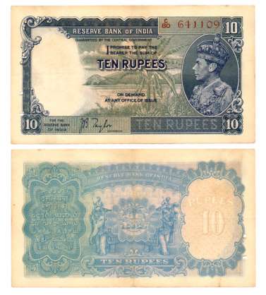 George VI, Rupees 10, 1st issue, Type 4.5, Signed J B Taylor, Prefix C/80 (R IPM# 4.5.1). 