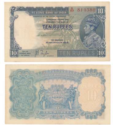 George VI, Rupees 10, 1st issue, Type 4.5, Signed J B Taylor, Prefix D/53 (R IPM# 4.5.1). 