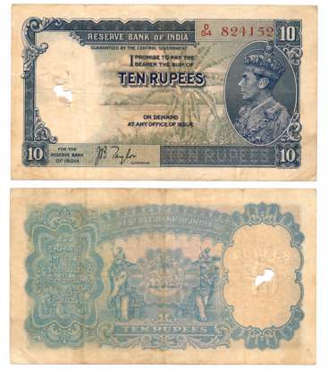 George VI, Rupees 10, 1st issue, Type 4.5, Signed J B Taylor, Prefix D/54 (R IPM# 4.5.1). 