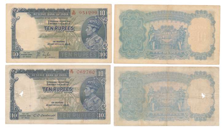 George VI, Rupees 10 (2), 1st issue, Type 4.5, Signed J B Taylor, Prefix D/50 & C.D. Deshm