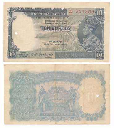 George VI, Rupees 10, 1st issue, Type 4.5, Signed C D Deshmukh, Prefix J/22 (R IPM# 4.5.2)