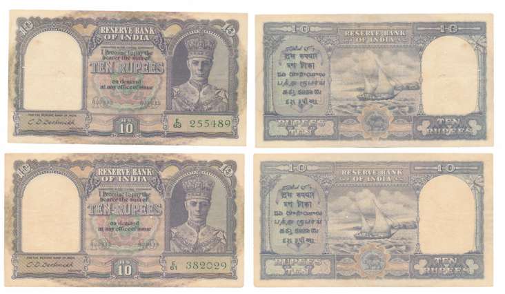 George VI, Rupees 10 (2), 2nd issue, Type 4.6, Signed C.D. Deshmukh, Prefix E/61, E/63 (R 