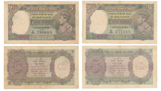 George VI, Rupees 5 (2), 1st issue, Type 4.3, Signed J B Taylor, Prefix C/27 & C D Deshmuk