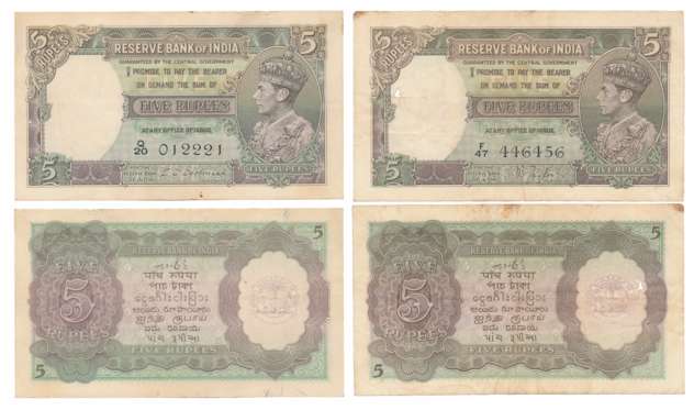 George VI, Rupees 5 (2), 1st issue, Type 4.3, Signed J B Taylor, Prefix F/47 & C D Deshmuk