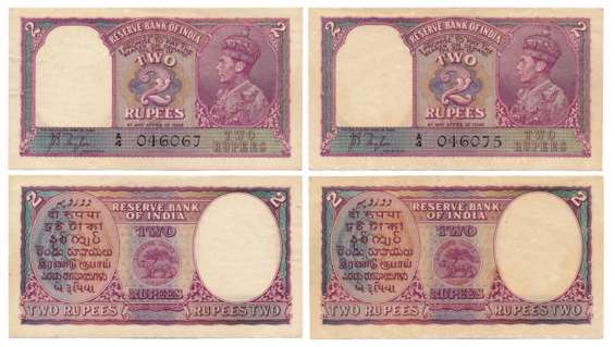 George VI, Rupees 2 (2), Type 2, Signed J B Taylor, Prefix A/4, Serial number in Black (R 