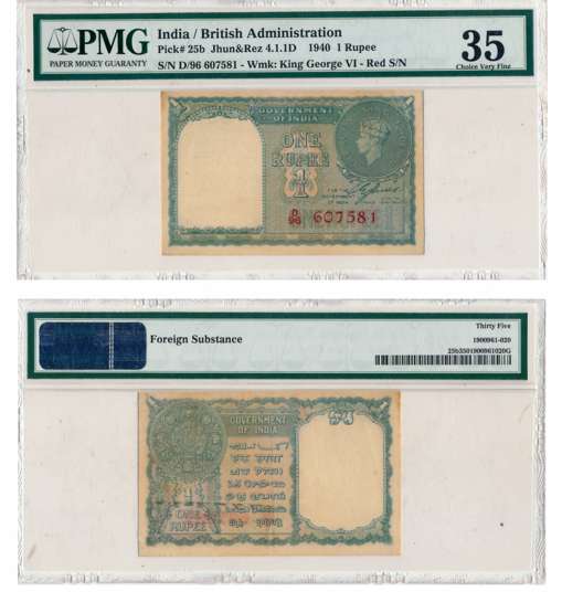 George VI, Rupee 1, 1940, Type 4.1, Signed C.E. Jones, Prefix D/96, Serial number in Red (