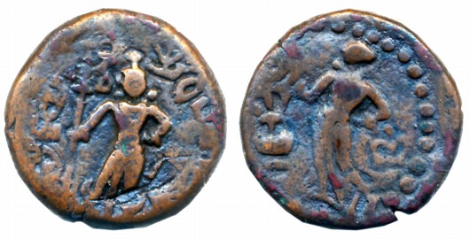 Yaudheyas, Copper, 10.31g, Obv: Lord Kartikeya standing with Peacock, Brahmi legend “Yaudh
