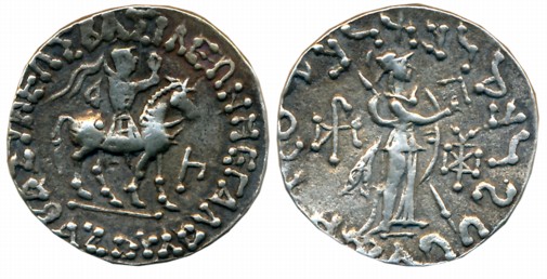 Indo Scythians, Azes, Silver Drachma, 7.68g, Obv: Armored King advancing to right on horse