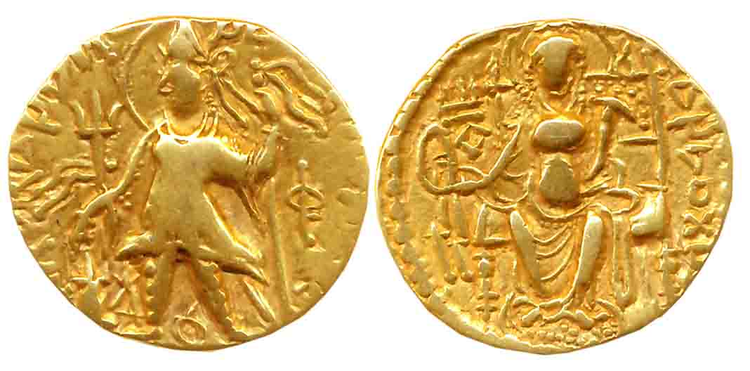 Kushanas, Vashishka, Gold Dinar, 7.59g, Obv: Nimbate king wearing conical helmet and armou