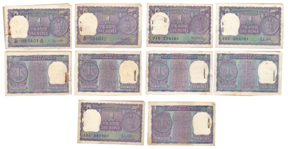 Rupee 1, Pack (5) of 100 notes, “A-16, A-17, A-40, A-41, A-42”, 1966, Singed S Bhoothaling