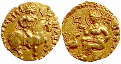 Guptas, Kumara Gupta, Gold Dinar 8.14g “Horseman” type Obv: King riding caparisoned Horse 