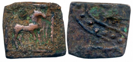 Malayaman Copper, 3.44g Obv: Horse facing right front of Yupa, Rev: River flowing from Hil